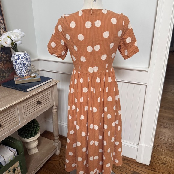ROOLEE Orange White Polka Dot Short Sleeve Midi Dress Size S - Picture 2 of 8